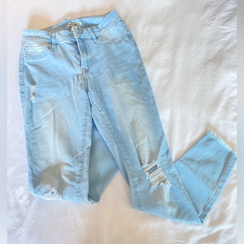 High Waisted Distressed Tapered Hem Skinny Jeans
